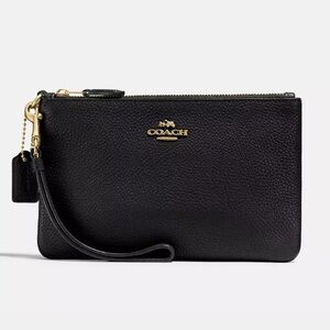 NWT COACH Polished Black Genuine Pebble Leather Wristlet Gold Hardware New!!